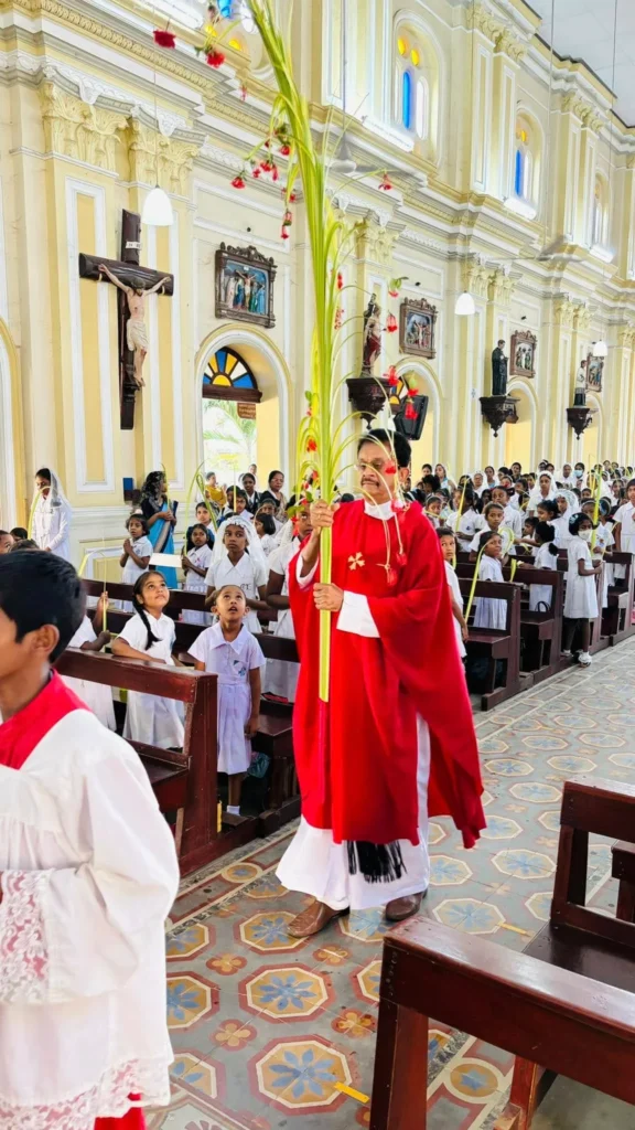 පියතුමා රතු වර්ණයෙන් මල් වලින් සරසන ලද විශේෂ ගොබ් අත්තක් ගෙන පෙරහරෙන් අල්තාරය වෙත පැමිණීම.